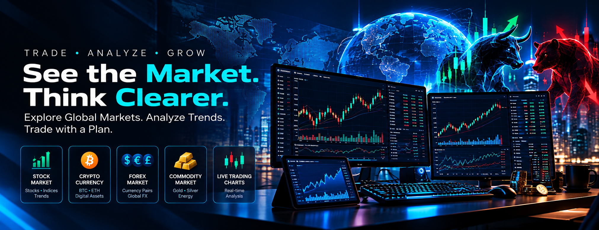 VEXORA PRO futuristic trading workstation and market charts